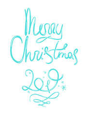 Doodle Merry Christmas lettering with 2019 number, swirls and snowflakes. Thin line date of the eastern Pig year for banner decoration, greeting card and calendar design