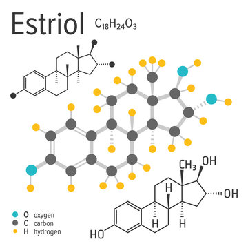 Chemical formula, structure and model of the estriol molecule, vector illustration