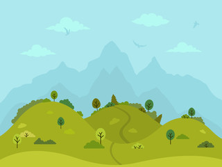 Rural hilly landscape with green hills, trees and mountains. Flat design, vector illustration.