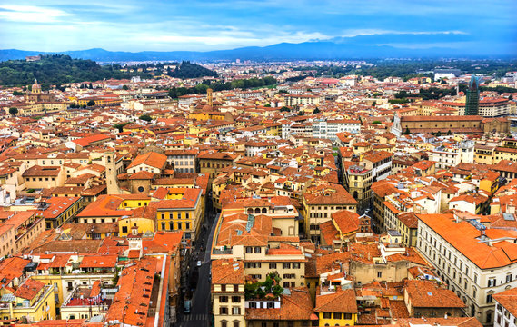 Orange Roofs Many Buildings Green Hills Tuscany Florence Italy