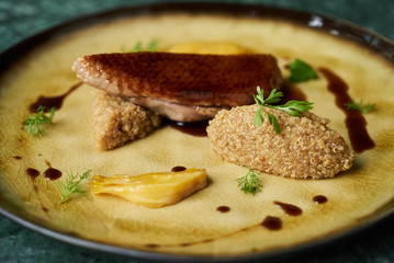 Duck breast, Quinoa and sweet chili sauce with orange fennel