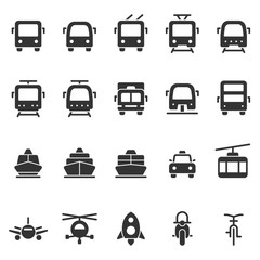 Public transport vector shape style icon set. Front view land, water, air transport symbols. Marking of transport stops.