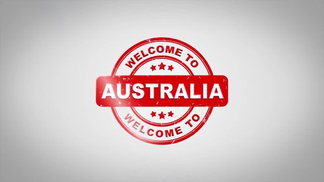 Welcome to AUSTRALIA Signed Stamping Text Wooden Stamp Animation. Red Ink on Clean White Paper Surface Background with Green matte Background Included.