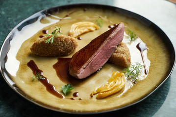 Duck fillet, Quinoa and sweet chili sauce with orange fennel