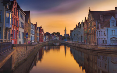 Naklejka premium Bruges, a picture perfect fairytale medieval town with misty towers and luring canals