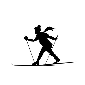 Silhouette of a skier going isolated. Lover of forest walks on the slopes. Vector illustration