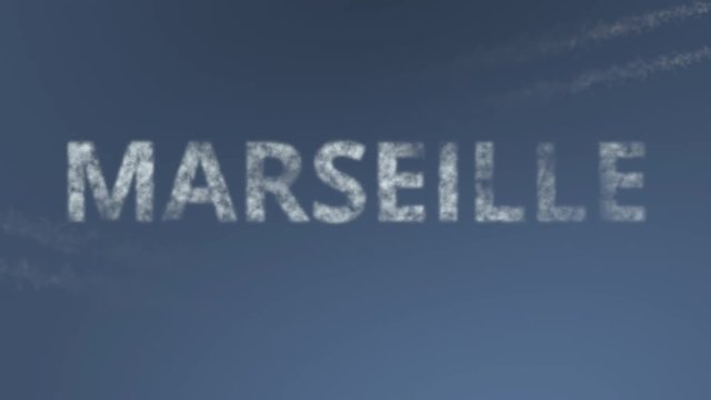 Flying airplanes reveal Marseille caption. Traveling to France conceptual intro animation