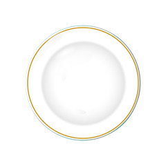 White Plate with gold border, isolated vector object on a transparent background. Kitchen dishes for food, Illustration element for your product, food ads, tableware design.