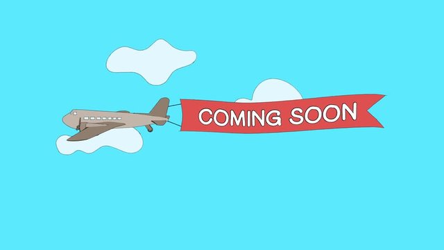 Airplane is passing through the clouds with "Coming Soon" banner - Seamless loop