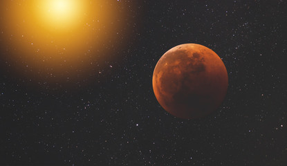 planet in open space against the backdrop of an endless array of stars and galaxies of our universe lighting up the glare of the sun. The Moon in Space