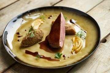Goose breast, Quinoa and sweet chili sauce with orange fennel