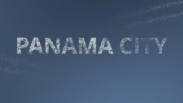 Flying airplanes reveal Panama City caption. Traveling to Panama conceptual intro animation