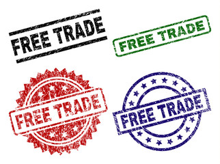 FREE TRADE seal prints with distress style. Black, green,red,blue vector rubber prints of FREE TRADE tag with grunge style. Rubber seals with round, rectangle, medallion shapes.