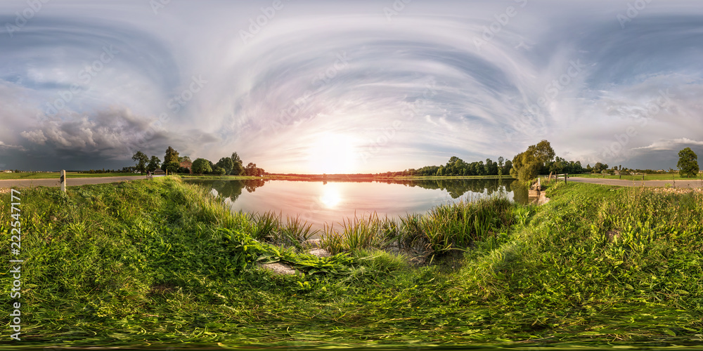 Wall mural full seamless spherical panorama 360 by 180 angle view on the shore of lake in evening before storm 