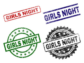 GIRLS NIGHT seal prints with distress texture. Black, green,red,blue vector rubber prints of GIRLS NIGHT label with unclean style. Rubber seals with circle, rectangle, medallion shapes.