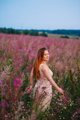Fototapeta na wymiar Beautiful red-haired girl in a dress in a flowering field of willow-tea.