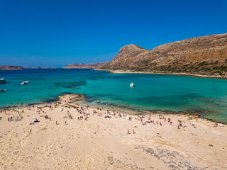 Aerial view to the beautiful bay and peninsula of Gramvousa and Balos lagoon. Amazing wallpaper, photo from drone. Crete, Greece.