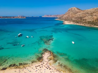 Foto op Plexiglas Luchtfoto Aerial view to the beautiful bay and peninsula of Gramvousa and Balos lagoon. Amazing wallpaper, photo from drone. Crete, Greece.