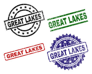GREAT LAKES seal prints with distress texture. Black, green,red,blue vector rubber prints of GREAT LAKES caption with grunge texture. Rubber seals with round, rectangle, medal shapes.