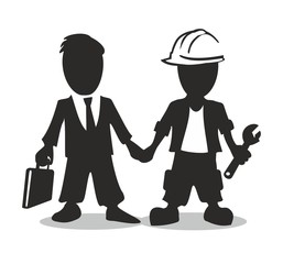 Worker with wrench and businessman with a briefcase holding hands