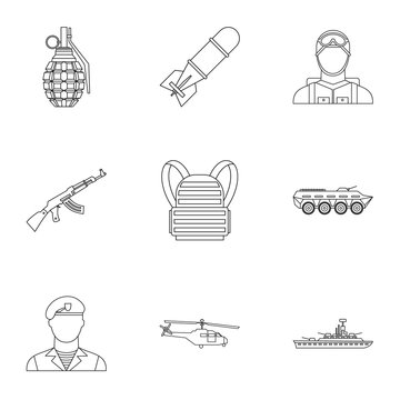 Weapons icons set. Outline illustration of 9 weapons vector icons for web