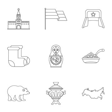 Attractions of Russia icons set. Outline illustration of 9 attractions of Russia vector icons for web