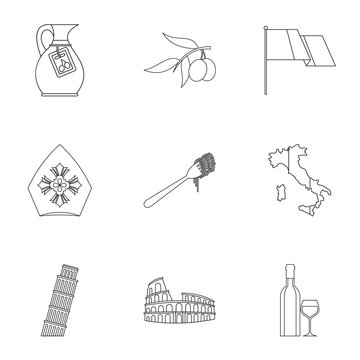 Attractions of Italy icons set. Outline illustration of 9 attractions of Italy vector icons for web