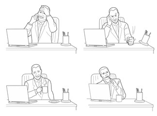 Different actions and emotions of men. Talking, anger, calm, dreaming.  Black vector illustration isolated on white background