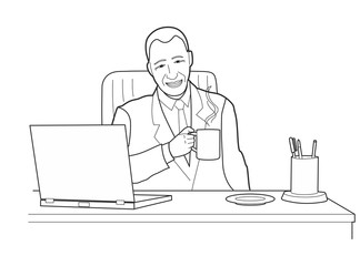 Man thinking and looking up at the office at a desk with a laptop. Black vector illustration isolated on white background