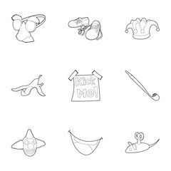 First of April icons set. Outline illustration of 9 first of April vector icons for web