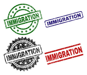 IMMIGRATION seal prints with damaged surface. Black, green,red,blue vector rubber prints of IMMIGRATION text with scratched surface. Rubber seals with round, rectangle, medallion shapes.