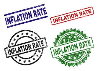 INFLATION RATE seal prints with damaged texture. Black, green,red,blue vector rubber prints of INFLATION RATE label with scratched texture. Rubber seals with circle, rectangle, medal shapes.