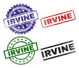 IRVINE seal prints with damaged surface. Black, green,red,blue vector rubber prints of IRVINE label with dust surface. Rubber seals with circle, rectangle, medallion shapes.