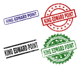 KING EDWARD POINT seal prints with corroded texture. Black, green,red,blue vector rubber prints of KING EDWARD POINT text with retro style. Rubber seals with circle, rectangle, medallion shapes.