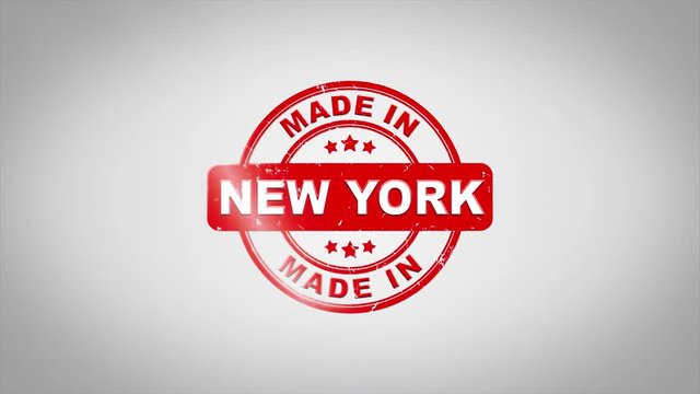 Made In NEW YORK Signed Stamping Text Wooden Stamp Animation. Red Ink on Clean White Paper Surface Background with Green matte Background Included.