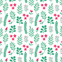 Seamless colorful floral pattern with wild red flowers on white background. Simple scandinavian style. Vector illustration