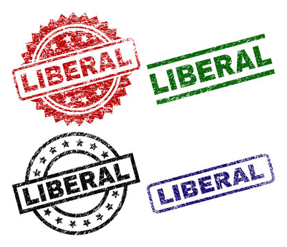 LIBERAL seal prints with damaged style. Black, green,red,blue vector rubber prints of LIBERAL tag with dirty style. Rubber seals with circle, rectangle, medallion shapes.