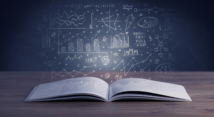 Hand-drawn financial plans and charts coming out of an open book 