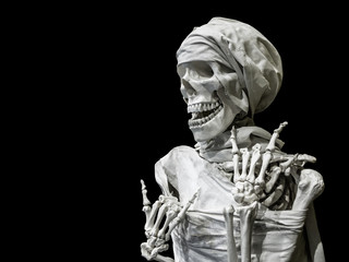 human skeleton in a white scarf on a black background stands in a welcoming pose.