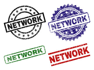 NETWORK seal prints with distress surface. Black, green,red,blue vector rubber prints of NETWORK caption with dirty surface. Rubber seals with circle, rectangle, rosette shapes.