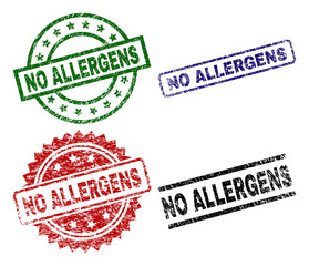 NO ALLERGENS seal imprints with corroded texture. Black, green,red,blue vector rubber prints of NO ALLERGENS text with corroded texture. Rubber seals with circle, rectangle, rosette shapes.