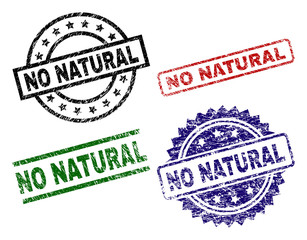 NO NATURAL seal prints with damaged texture. Black, green,red,blue vector rubber prints of NO NATURAL caption with dust texture. Rubber seals with round, rectangle, rosette shapes.