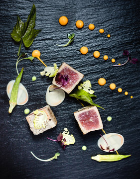 cuisine gastronomie Entr&eacute;e Plat dessert color&eacute; poissson exotique 