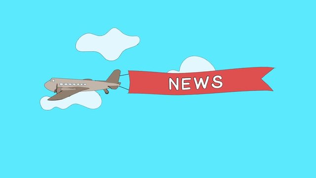 Airplane is passing through the clouds with "News" banner - Seamless loop