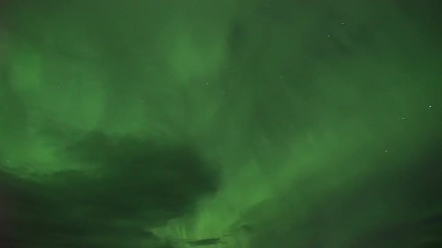 Realistic real time (not timelapse) aurora borealis (northern lights) in Whitehorse, Canada, at 02:20 on September 11, 2018 with 20mm wide-angle lenz