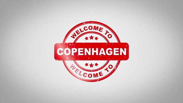 Welcome to COPENHAGEN Signed Stamping Text Wooden Stamp Animation. Red Ink on Clean White Paper Surface Background with Green matte Background Included.