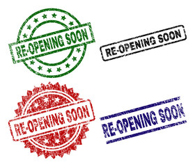 RE-OPENING SOON seal prints with distress style. Black, green,red,blue vector rubber prints of RE-OPENING SOON title with scratched style. Rubber seals with round, rectangle, medallion shapes.