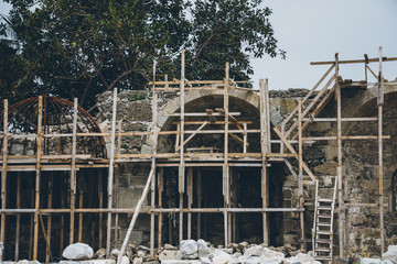 Ancient city in Turkey. Ruins in Side. Remnants of the past. Restoration of the Basilica. Archaeological work