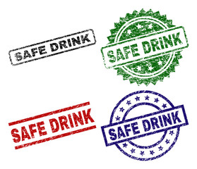 SAFE DRINK seal prints with corroded texture. Black, green,red,blue vector rubber prints of SAFE DRINK label with unclean texture. Rubber seals with round, rectangle, medal shapes.