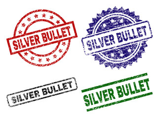 SILVER BULLET seal prints with corroded surface. Black, green,red,blue vector rubber prints of SILVER BULLET tag with dust texture. Rubber seals with round, rectangle, medal shapes.